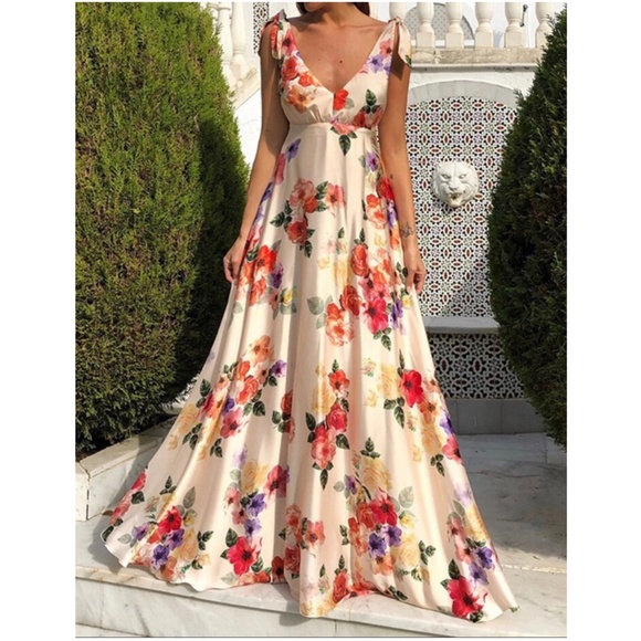 Floral Print Shoulder Tie backless Bridal Wedding Summer Maxi Dress - Picture 6 of 11